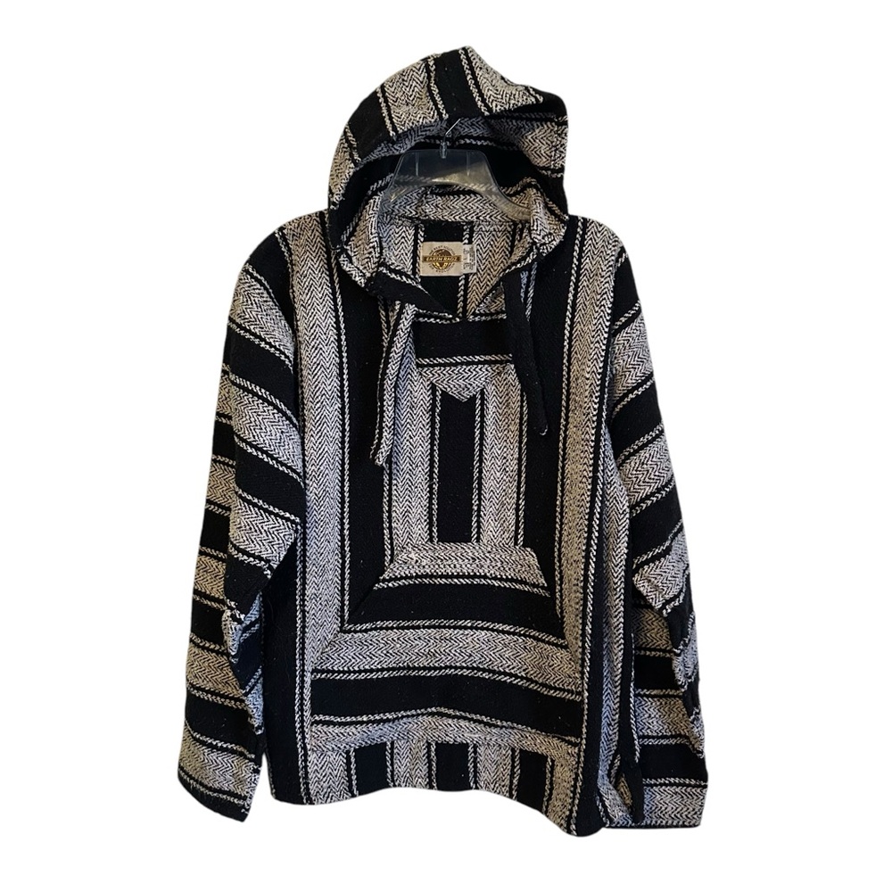 Mexican Baja Drug Rug Poncho Hoodie Sweater Mens Unisex Black White Large